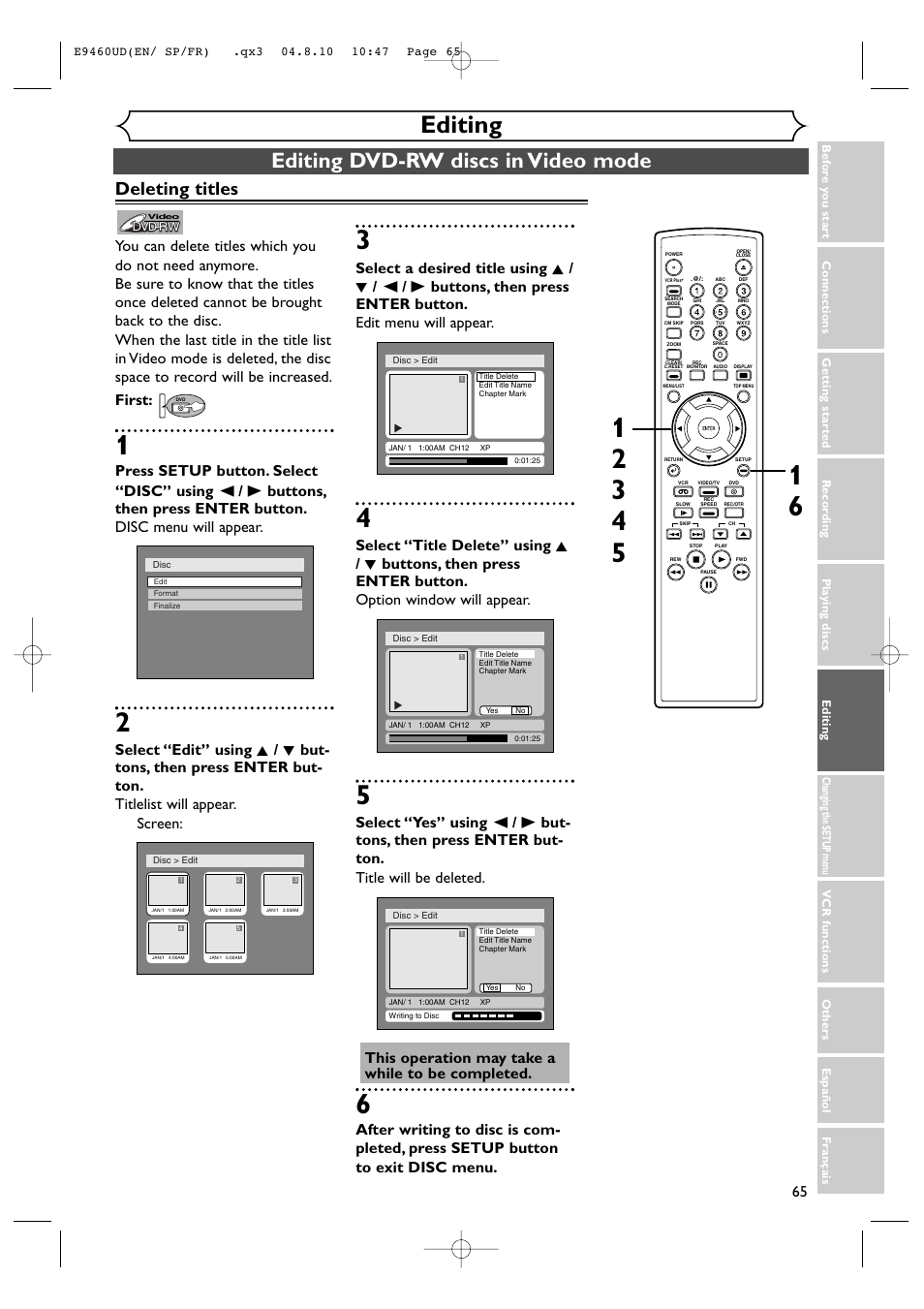 Editing, Editing dvd-rw discs in video mode, Deleting titles | FUNAI FDRV90E User Manual | Page 65 / 116
