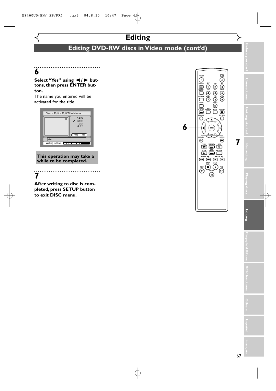 Editing, Editing dvd-rw discs in video mode (cont’d) | FUNAI FDRV90E User Manual | Page 67 / 116
