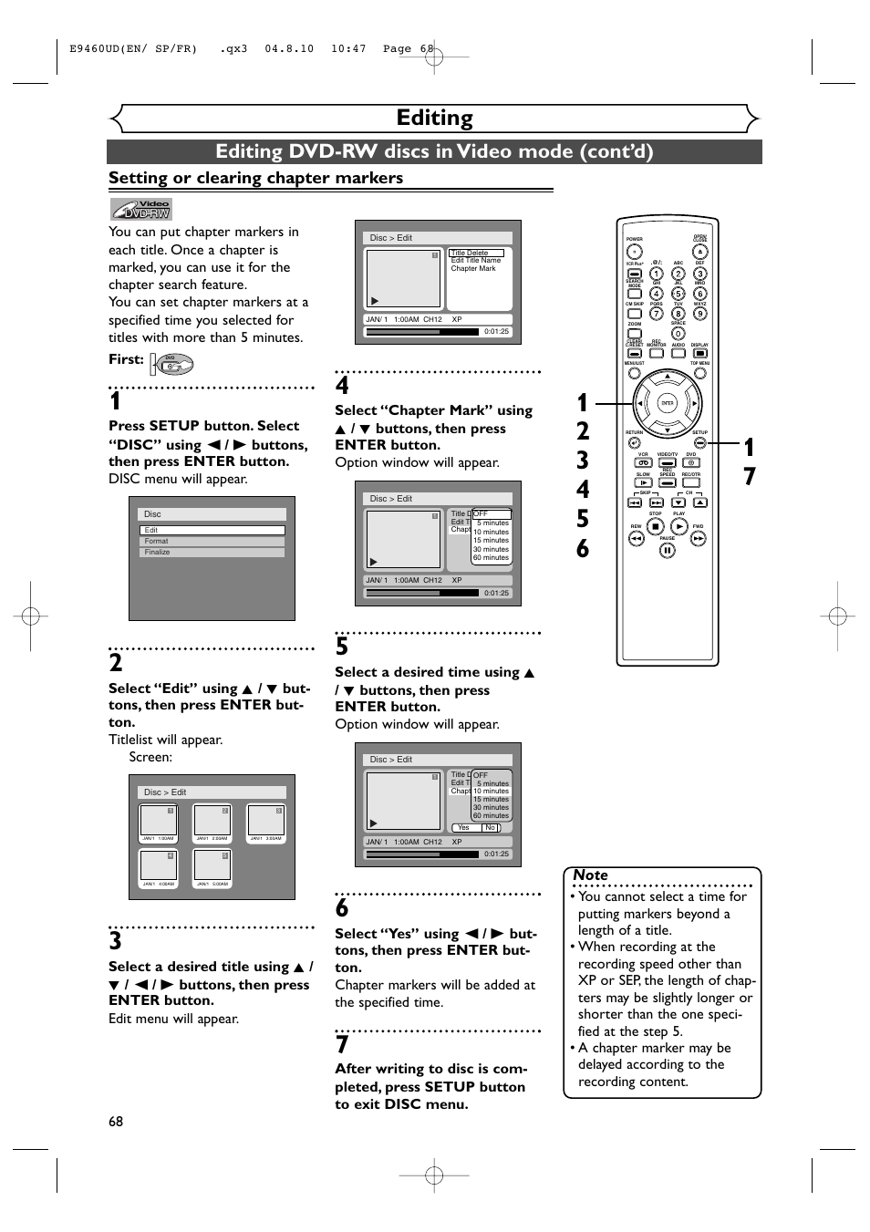 Editing, Editing dvd-rw discs in video mode (cont’d), Setting or clearing chapter markers | FUNAI FDRV90E User Manual | Page 68 / 116