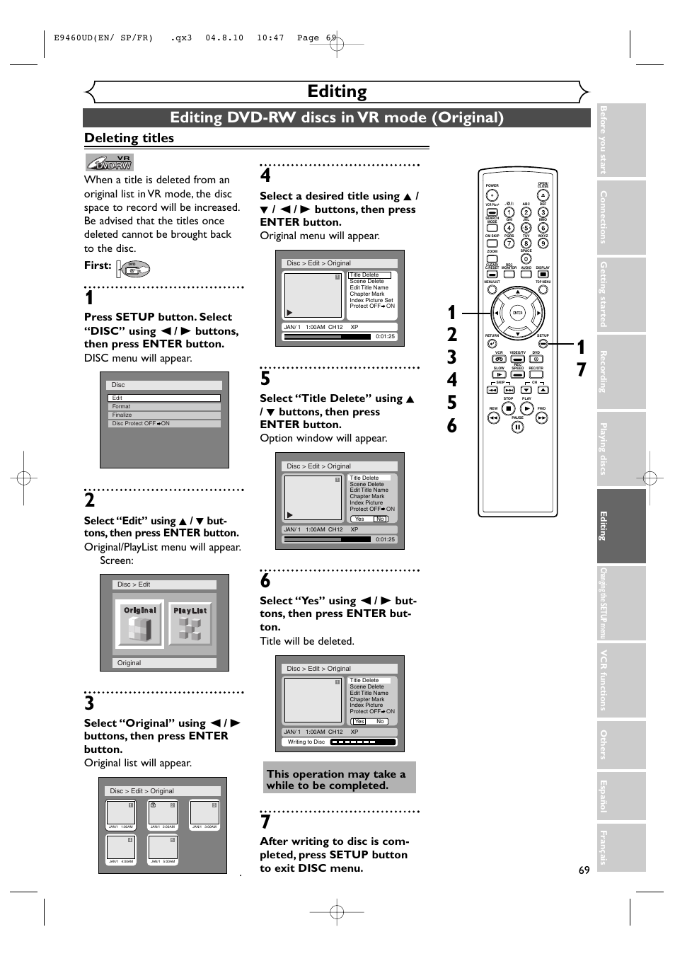 Editing, Editing dvd-rw discs in vr mode (original), Deleting titles | FUNAI FDRV90E User Manual | Page 69 / 116