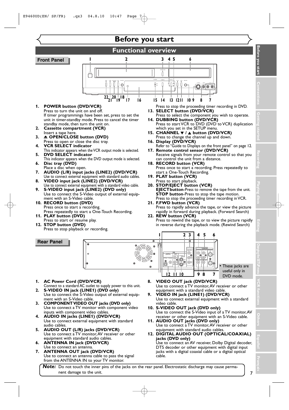 Before you start, Functional overview, 7front panel | Rear panel | FUNAI FDRV90E User Manual | Page 7 / 116