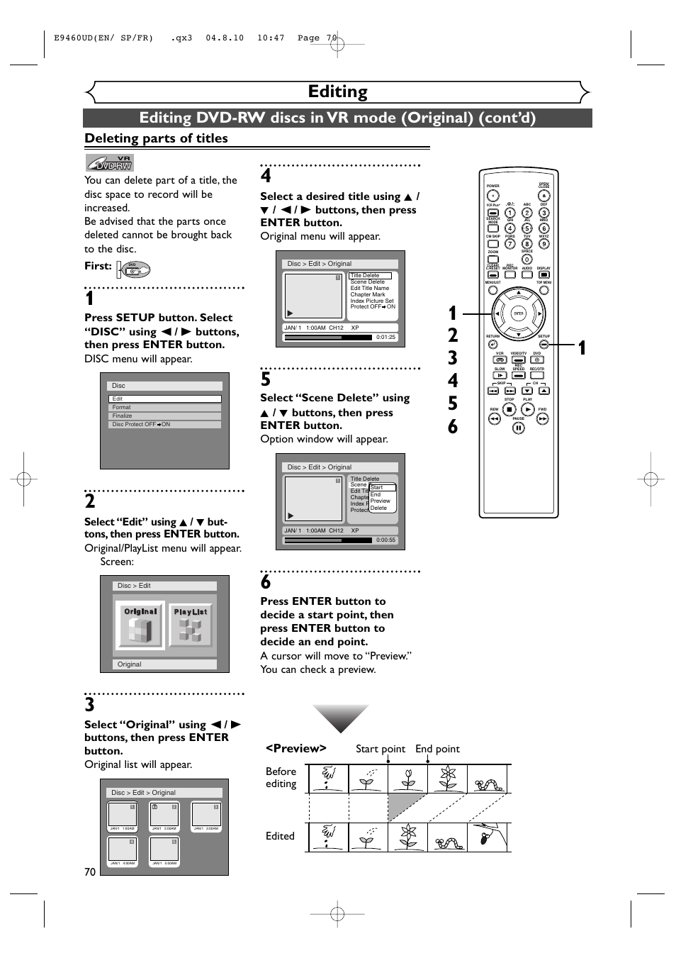 Editing, Deleting parts of titles, Preview | Before editing | FUNAI FDRV90E User Manual | Page 70 / 116