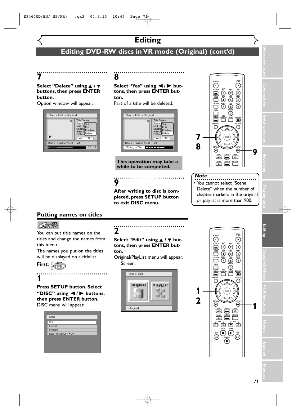 Editing, Putting names on titles | FUNAI FDRV90E User Manual | Page 71 / 116