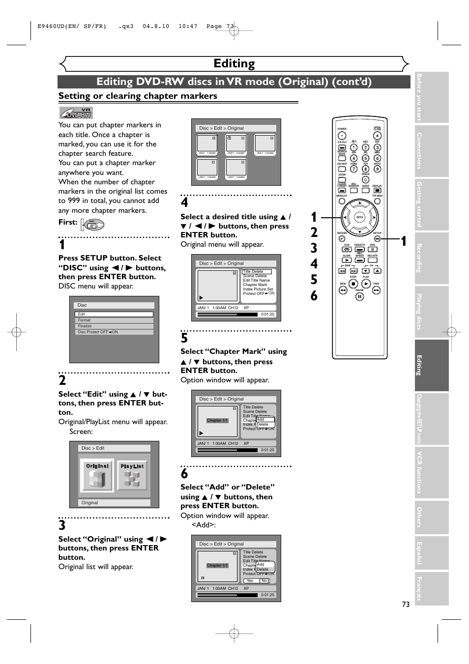 Editing, Setting or clearing chapter markers | FUNAI FDRV90E User Manual | Page 73 / 116