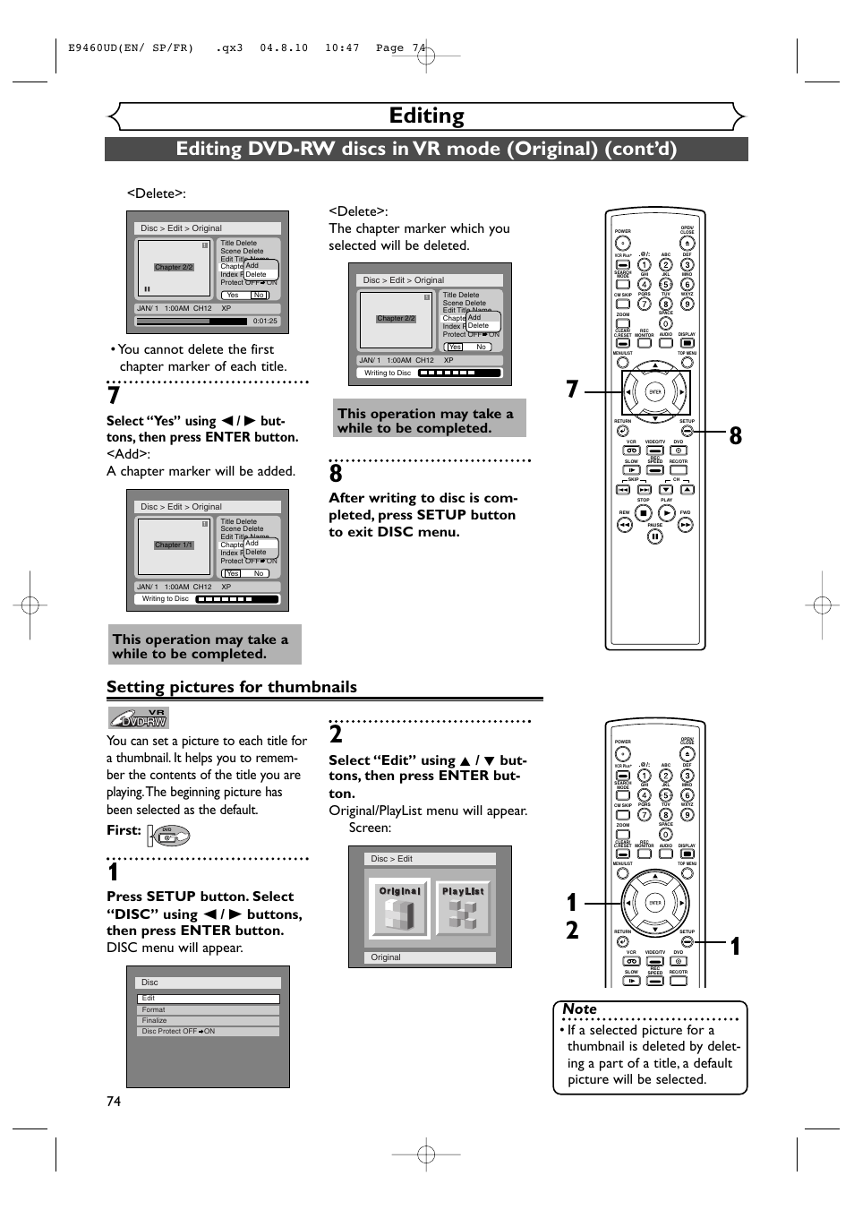 Editing, Setting pictures for thumbnails, This operation may take a while to be completed | FUNAI FDRV90E User Manual | Page 74 / 116