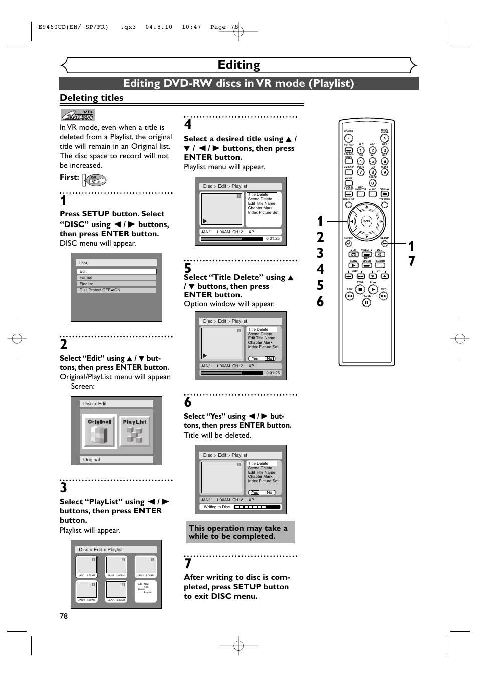 Editing, Editing dvd-rw discs in vr mode (playlist), Deleting titles | First | FUNAI FDRV90E User Manual | Page 78 / 116