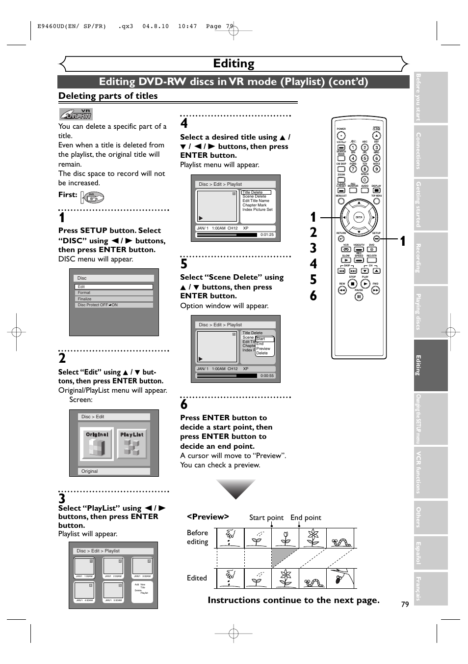 Editing, Deleting parts of titles, Instructions continue to the next page | Preview, Before editing | FUNAI FDRV90E User Manual | Page 79 / 116