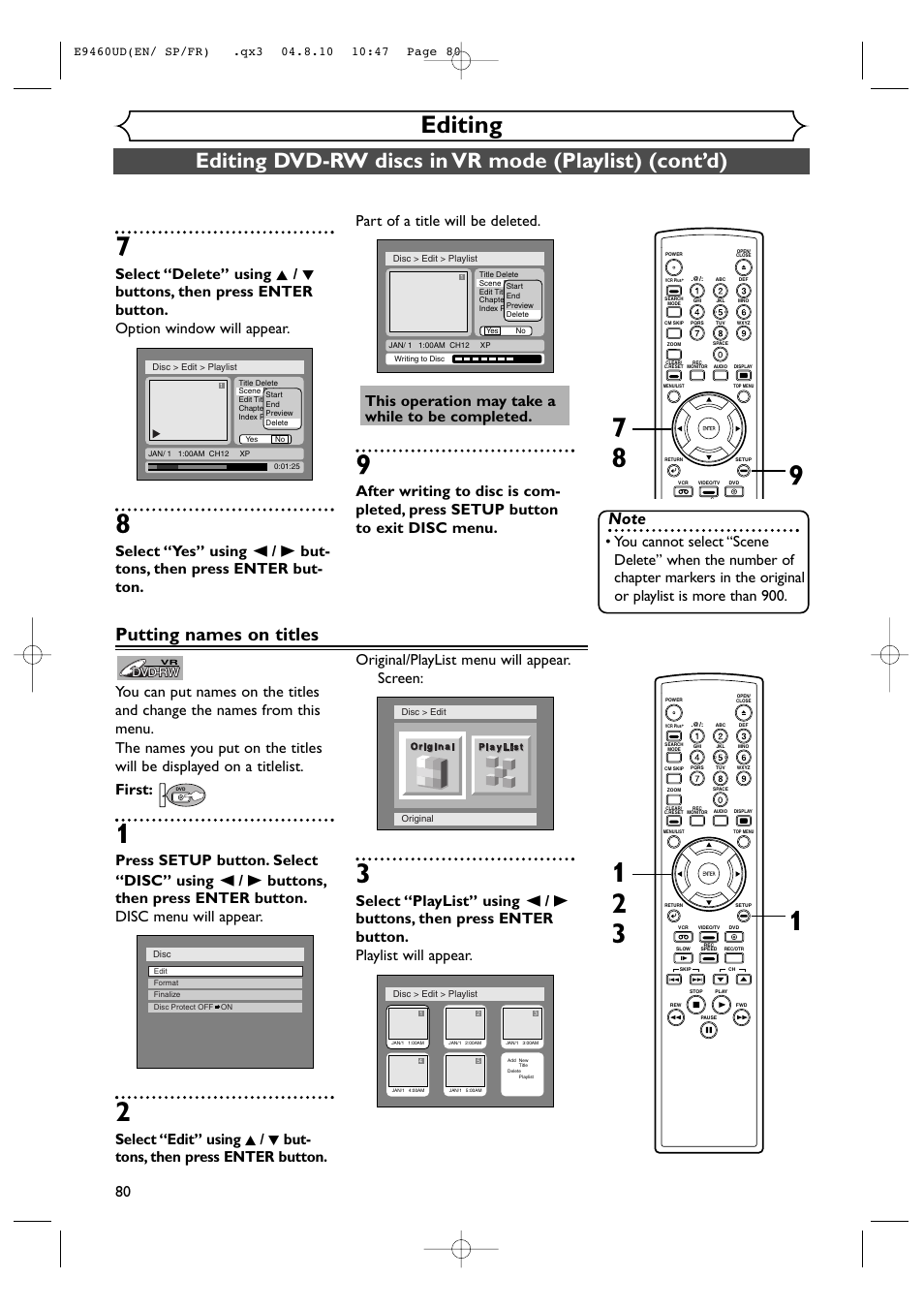 Editing, Putting names on titles | FUNAI FDRV90E User Manual | Page 80 / 116