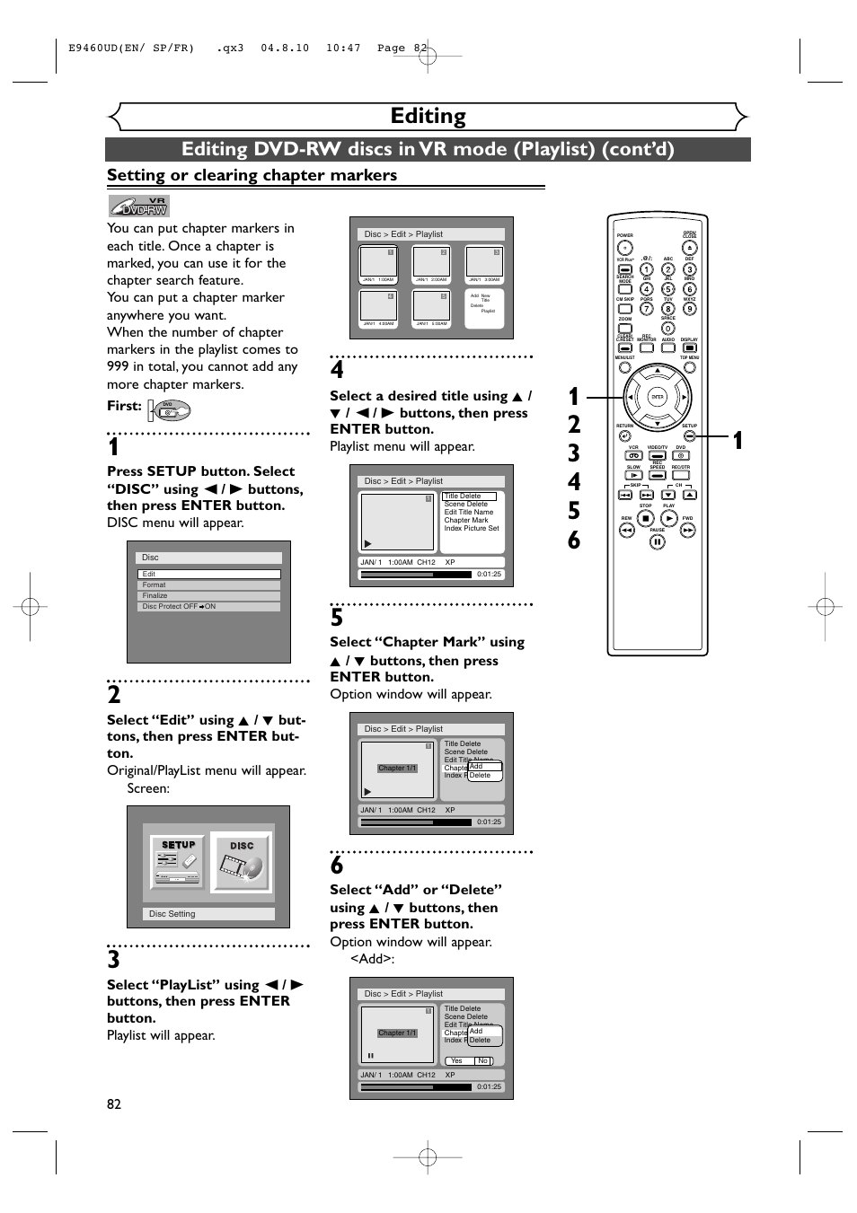 Editing, Setting or clearing chapter markers | FUNAI FDRV90E User Manual | Page 82 / 116