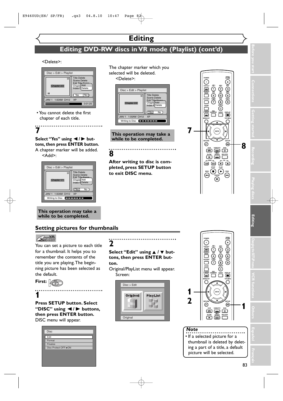 Editing, Setting pictures for thumbnails, This operation may take a while to be completed | FUNAI FDRV90E User Manual | Page 83 / 116