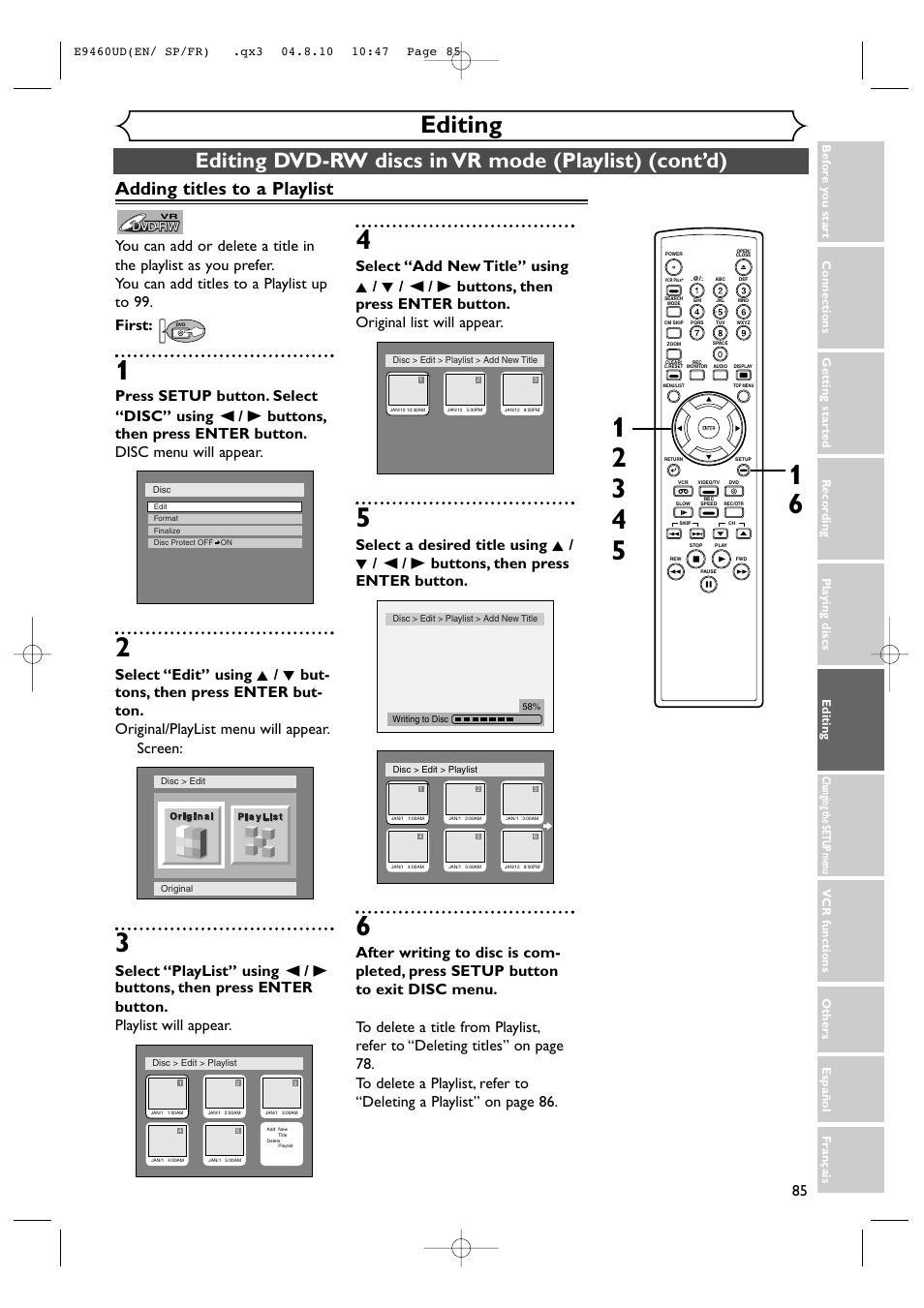 Editing, Adding titles to a playlist | FUNAI FDRV90E User Manual | Page 85 / 116