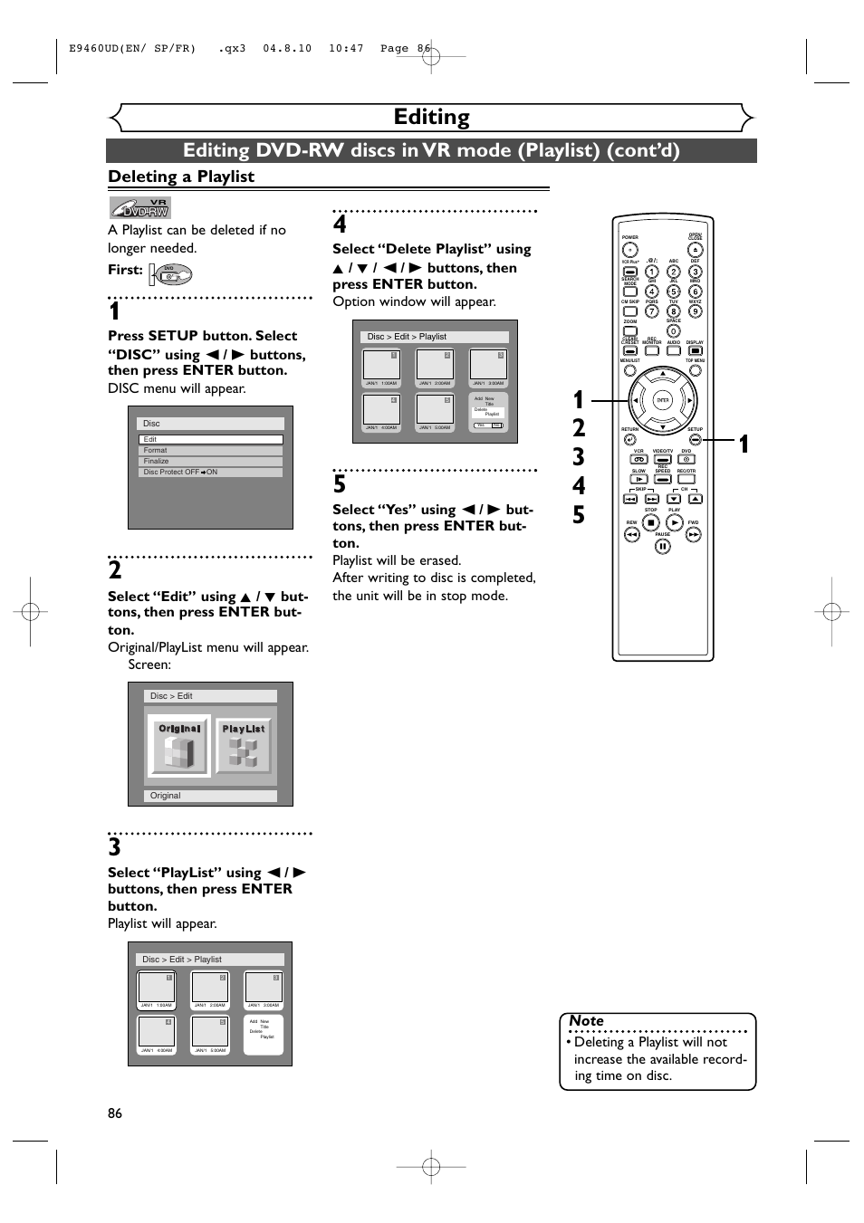 Editing, Deleting a playlist | FUNAI FDRV90E User Manual | Page 86 / 116