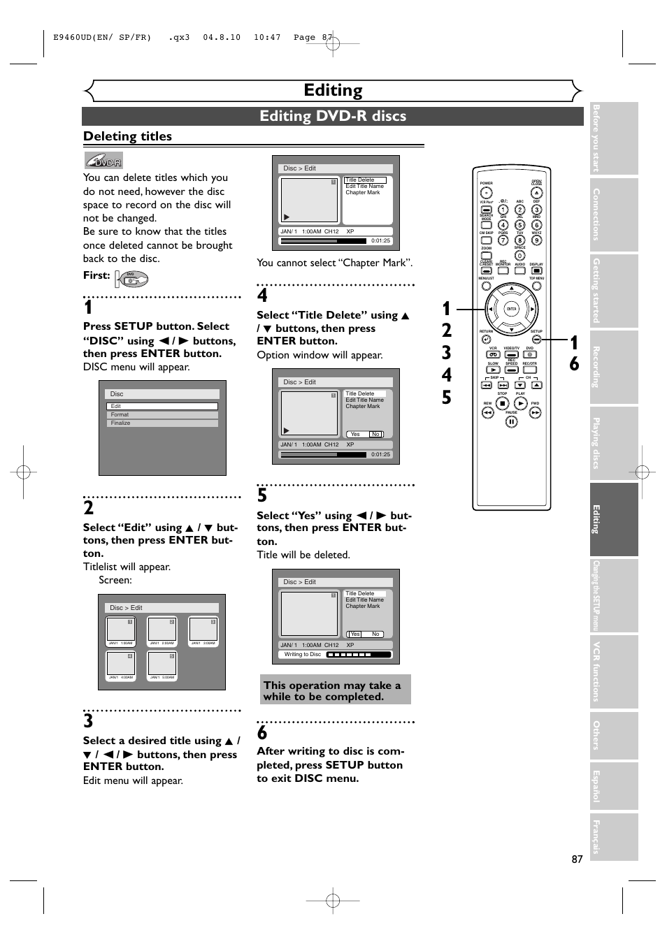 Editing, Editing dvd-r discs, Deleting titles | FUNAI FDRV90E User Manual | Page 87 / 116