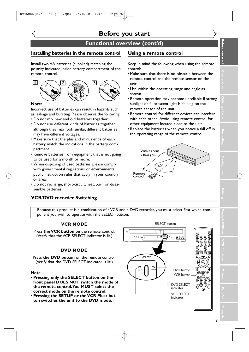Before you start, Functional overview (cont’d), Using a remote control | Installing batteries in the remote control, Vcr/dvd recorder switching, Vcr mode, Dvd mode | FUNAI FDRV90E User Manual | Page 9 / 116