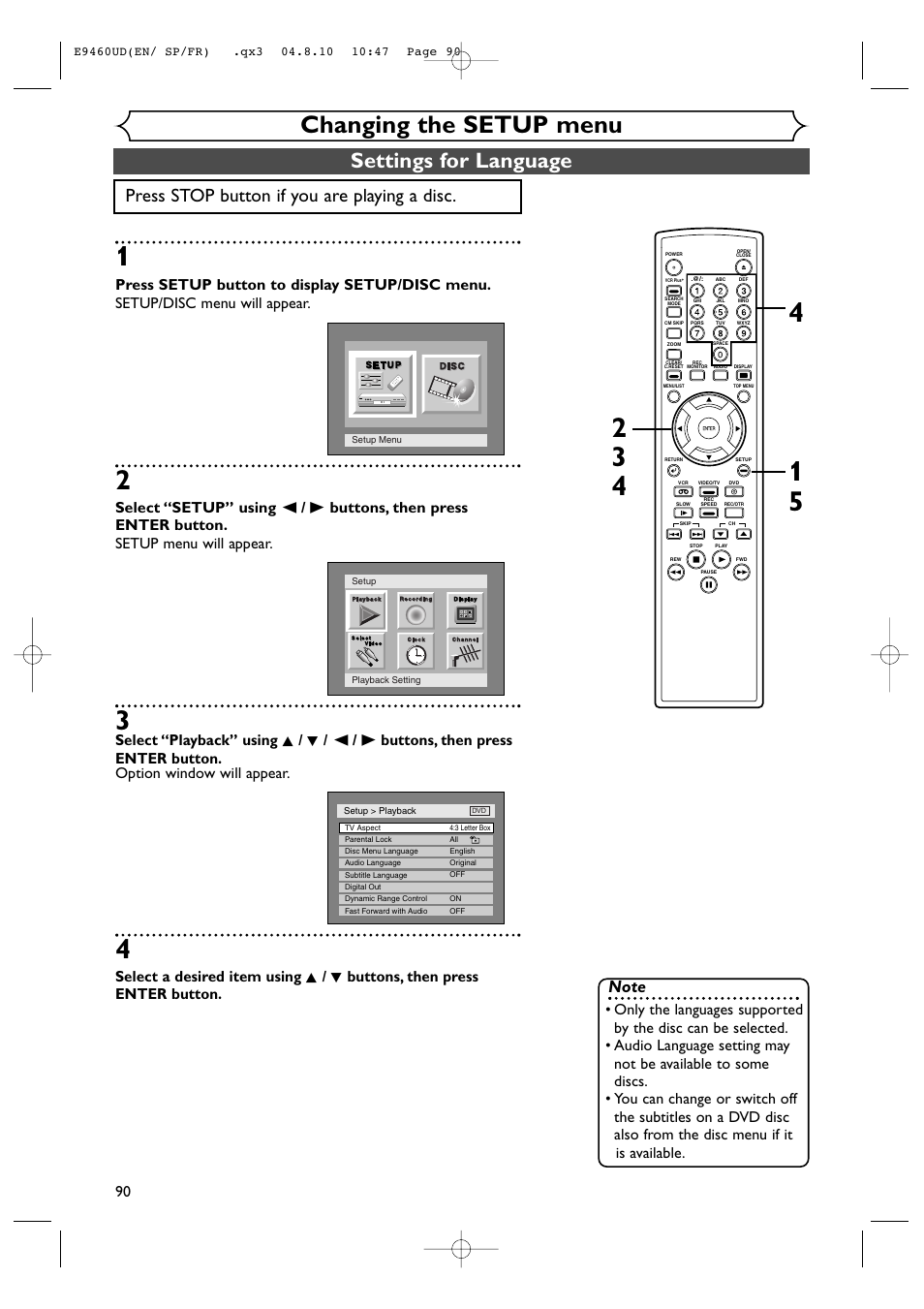 Changing the setup menu, Settings for language, Press stop button if you are playing a disc | FUNAI FDRV90E User Manual | Page 90 / 116