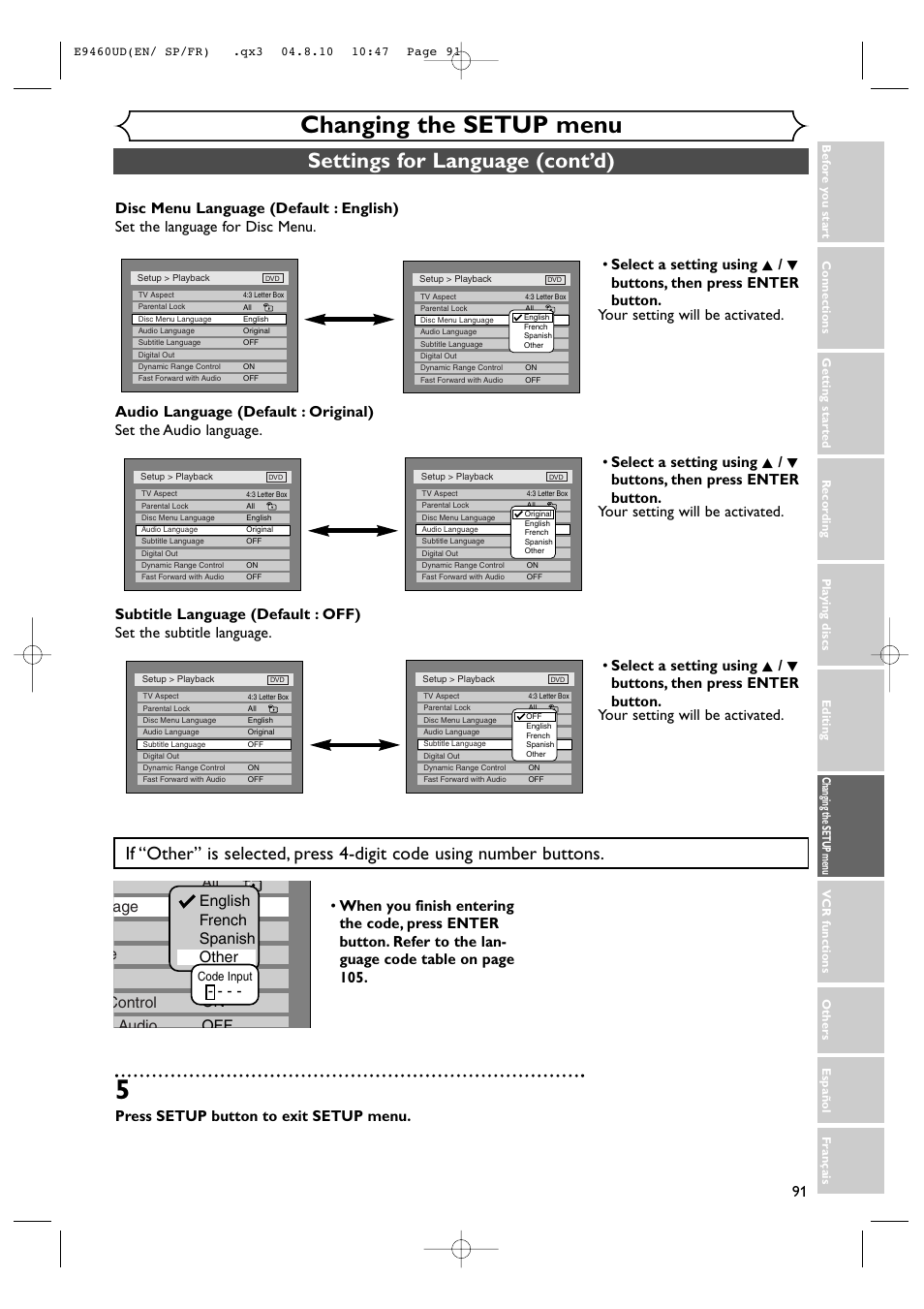 Changing the setup menu, Settings for language (cont’d), Press setup button to exit setup menu | FUNAI FDRV90E User Manual | Page 91 / 116