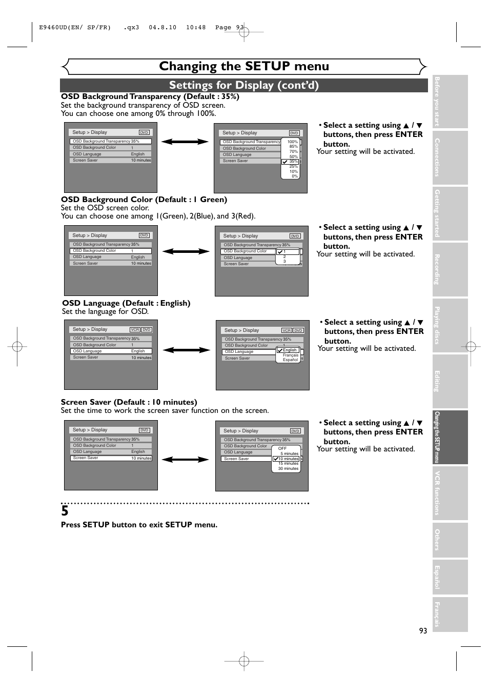 Changing the setup menu, Settings for display (cont’d), Press setup button to exit setup menu | FUNAI FDRV90E User Manual | Page 93 / 116
