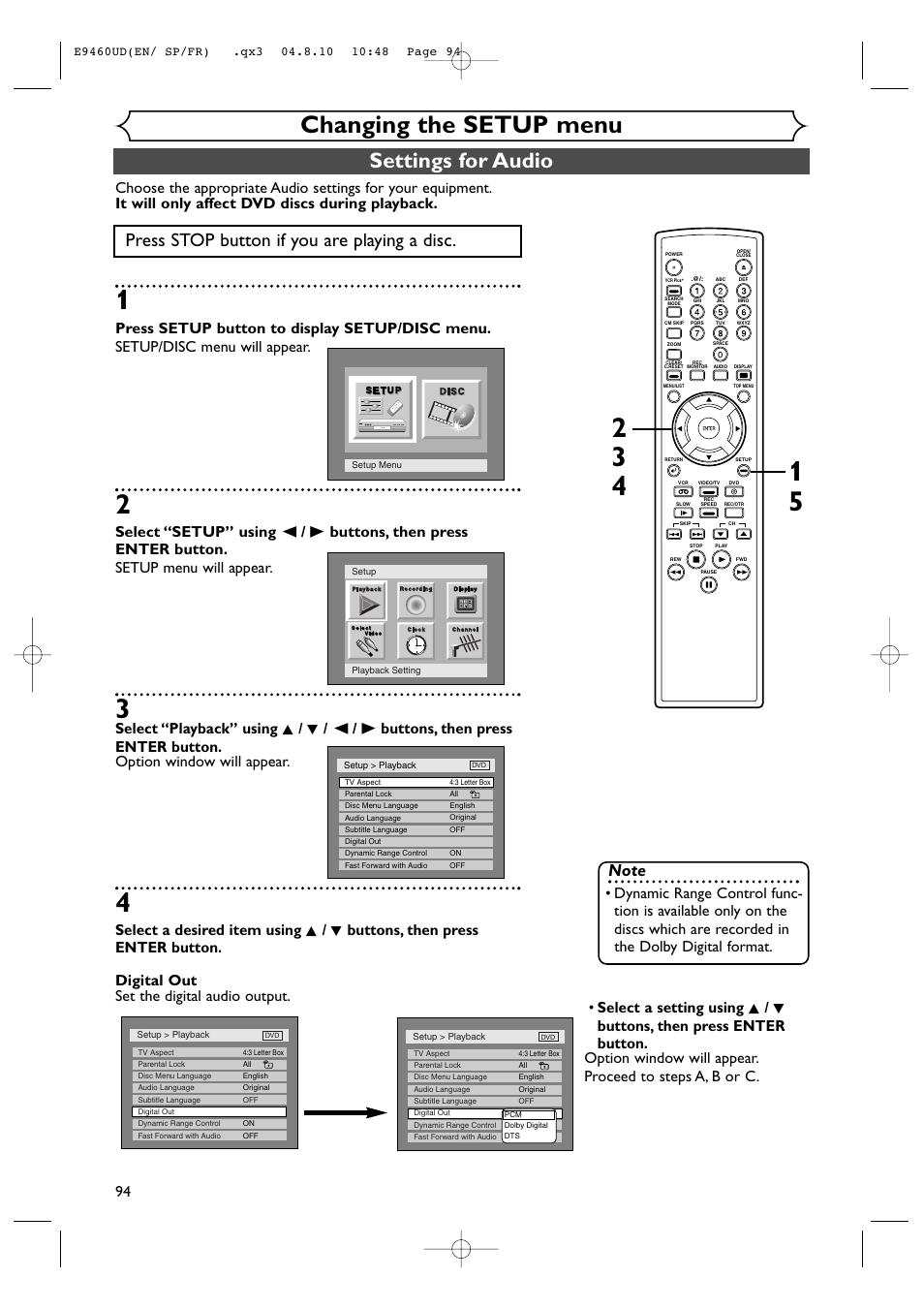 Changing the setup menu, Settings for audio, Press stop button if you are playing a disc | FUNAI FDRV90E User Manual | Page 94 / 116