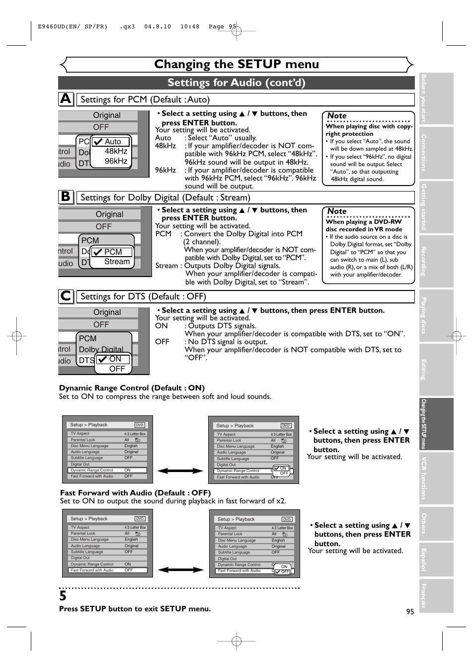 Changing the setup menu, Settings for audio (cont’d), Settings for dolby digital (default : stream) | Settings for pcm (default : auto), Settings for dts (default : off), Press setup button to exit setup menu | FUNAI FDRV90E User Manual | Page 95 / 116