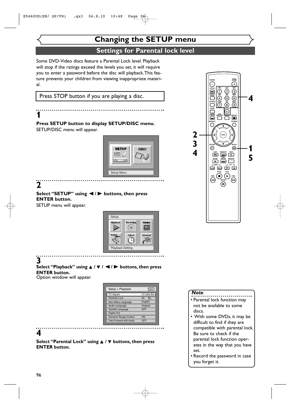 Changing the setup menu, Settings for parental lock level, Press stop button if you are playing a disc | FUNAI FDRV90E User Manual | Page 96 / 116