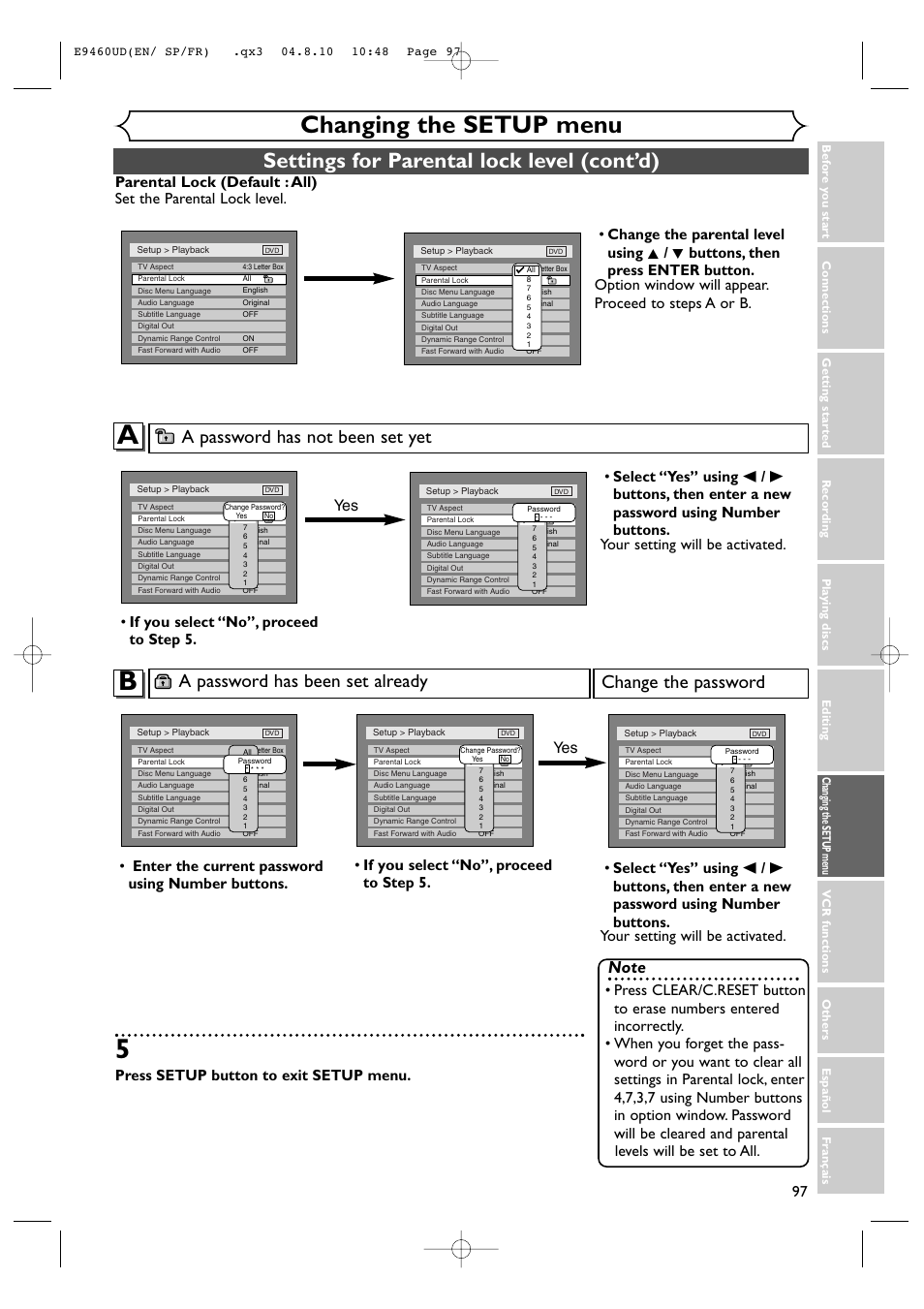 Changing the setup menu, Settings for parental lock level (cont’d), A password has been set already | Change the password, A password has not been set yet, Press setup button to exit setup menu, If you select “no”, proceed to step 5. yes yes | FUNAI FDRV90E User Manual | Page 97 / 116