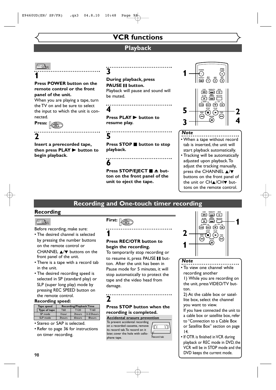 Vcr functions, Playback, Recording and one-touch timer recording | Recording | FUNAI FDRV90E User Manual | Page 98 / 116