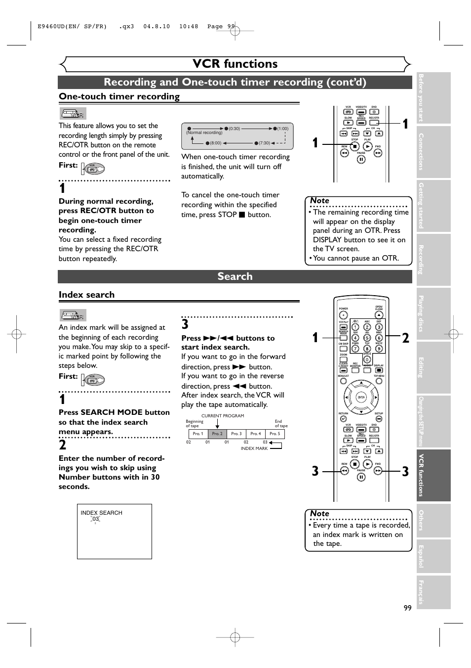 Vcr functions, Recording and one-touch timer recording (cont’d), Search | One-touch timer recording, Index search | FUNAI FDRV90E User Manual | Page 99 / 116