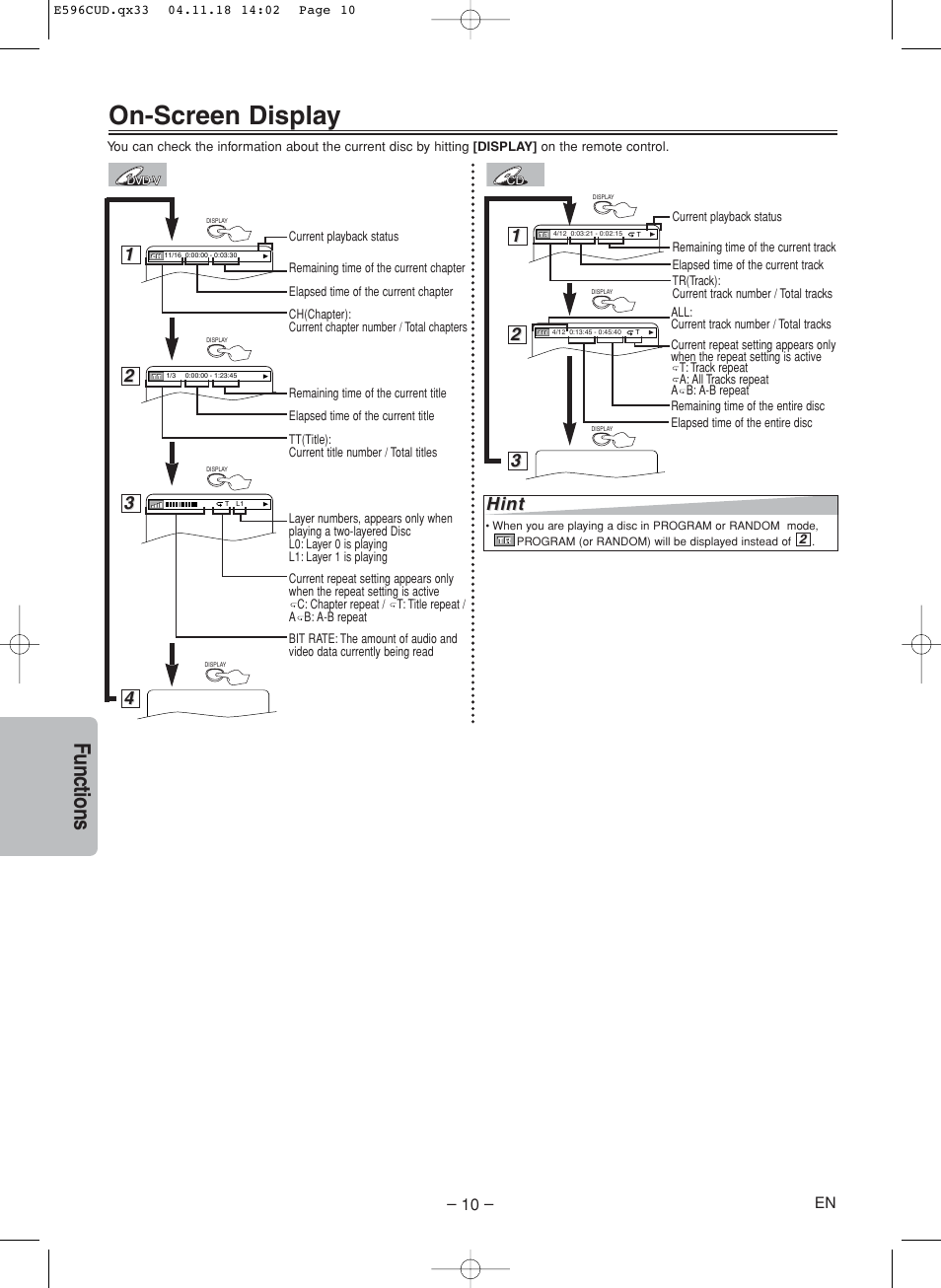 On-screen display, Functions | FUNAI MWD200E User Manual | Page 10 / 20