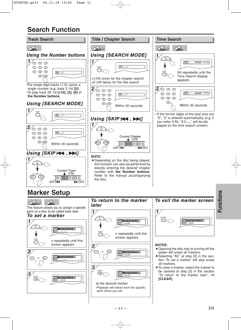 Search function, Marker setup, Functions | Using [search, Using [search mode] mode] 1 1, Using the number b, Using the number b uttons uttons, Using [search mode] mode, Using [skip | FUNAI MWD200E User Manual | Page 11 / 20
