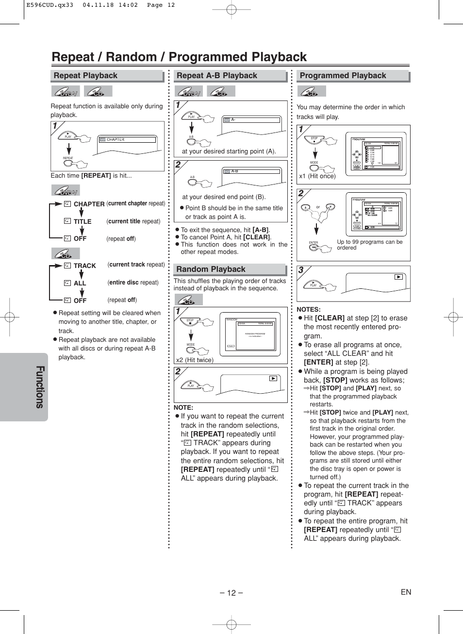 Repeat / random / programmed playback, Functions, Random playback | FUNAI MWD200E User Manual | Page 12 / 20