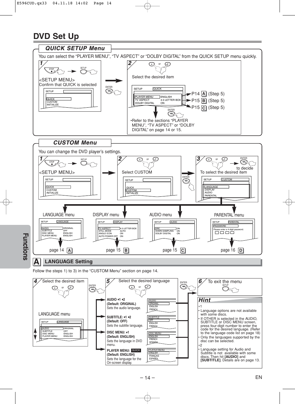 Dvd set up, Functions, Cust | Cust om men om men u u, Hint, Quick setup men uick setup men u u, Language setting | FUNAI MWD200E User Manual | Page 14 / 20