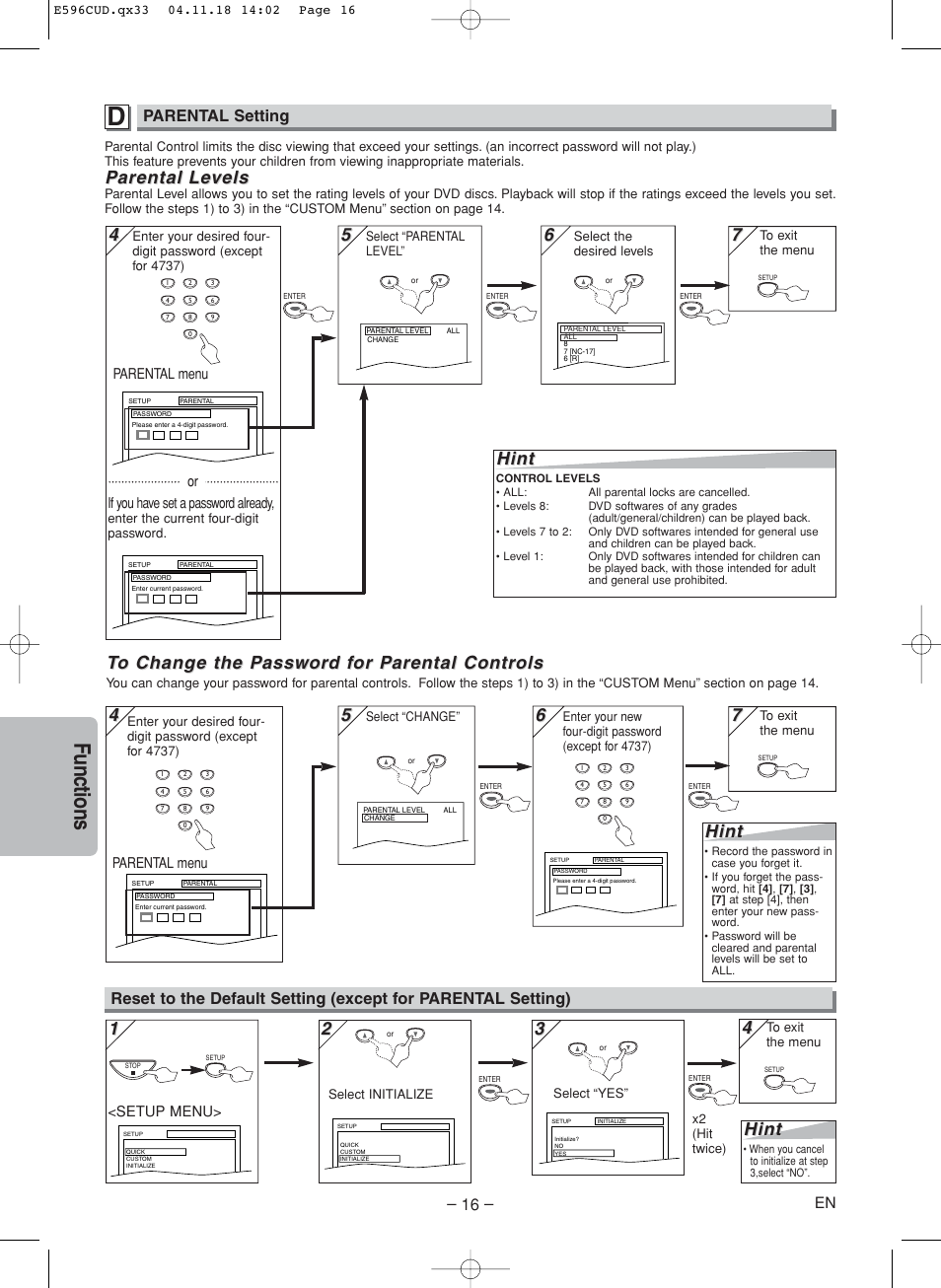 Functions, Hint, Parental arental le le vels vels | Parental setting | FUNAI MWD200E User Manual | Page 15 / 20