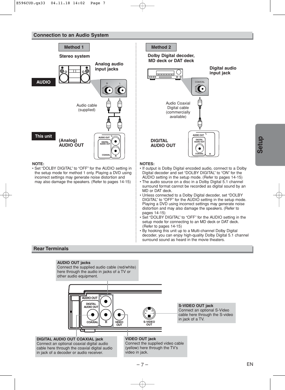 Setup, Rear terminals, Connection to an audio system | FUNAI MWD200E User Manual | Page 7 / 20