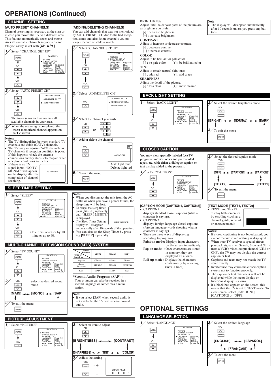 Operations (continued) optional settings, Picture adjustment, Channel setting | Language selection, Multi-channel television sound (mts) system, Closed caption back light setting, Sleep timer setting, Second audio program (sap) | FUNAI CSTL2006 User Manual | Page 3 / 4