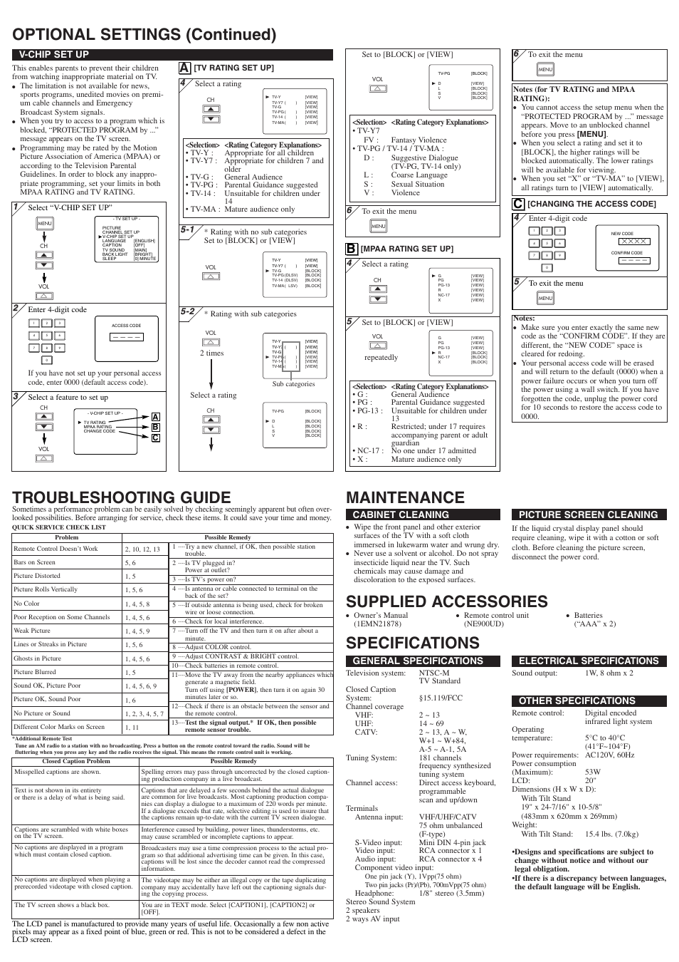 Supplied accessories, General specifications, Electrical specifications | Other specifications, Cabinet cleaning, Picture screen cleaning, V-chip set up | FUNAI CSTL2006 User Manual | Page 4 / 4