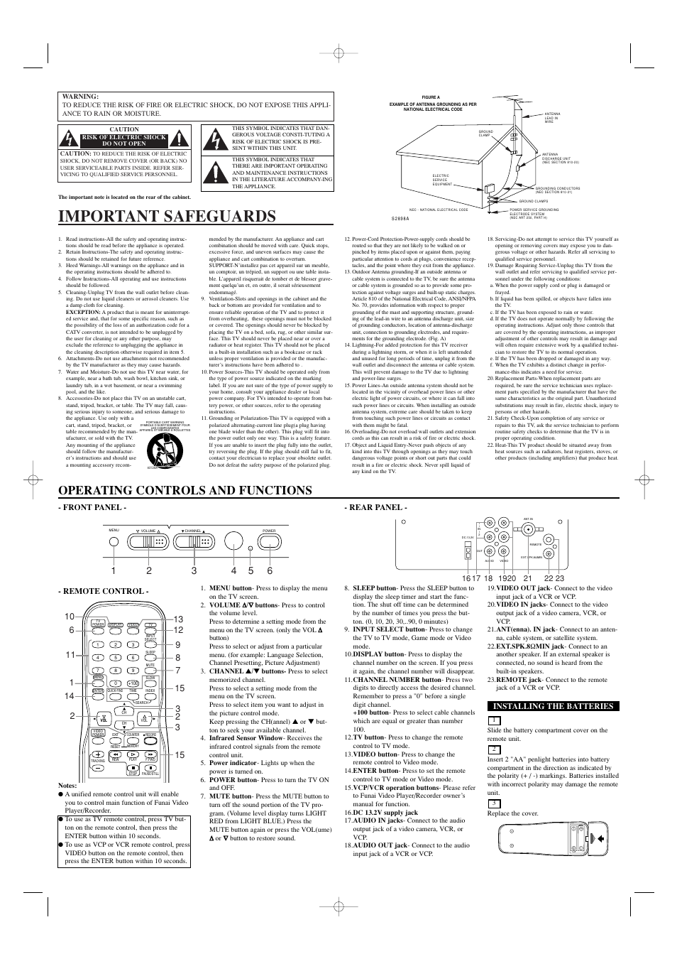 Important safeguards, Operating controls and functions, Remote control | Installing the batteries | FUNAI RFT909B User Manual | Page 2 / 8