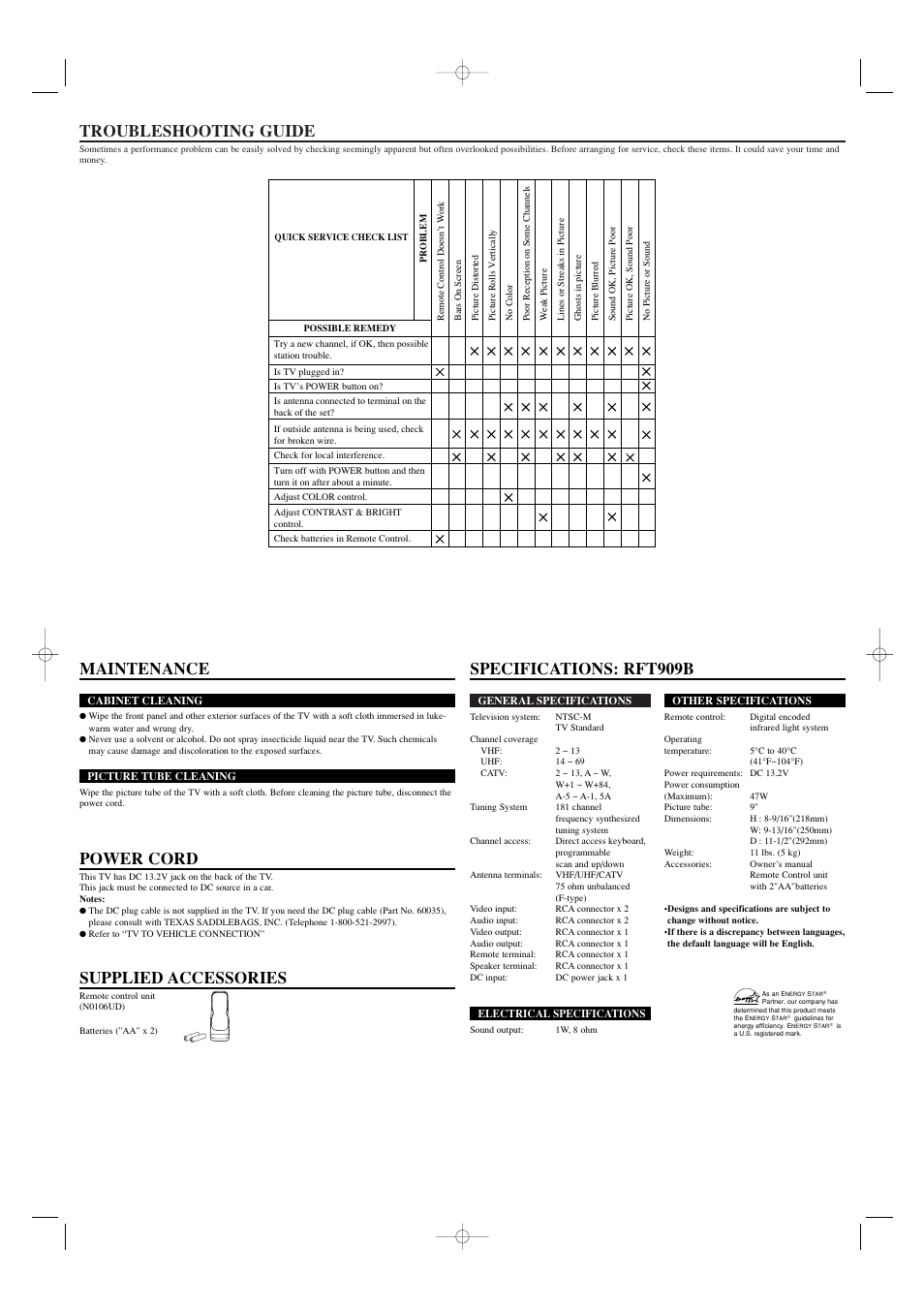 Troubleshooting guide, Maintenance, Power cord | Supplied accessories specifications: rft909b | FUNAI RFT909B User Manual | Page 4 / 8