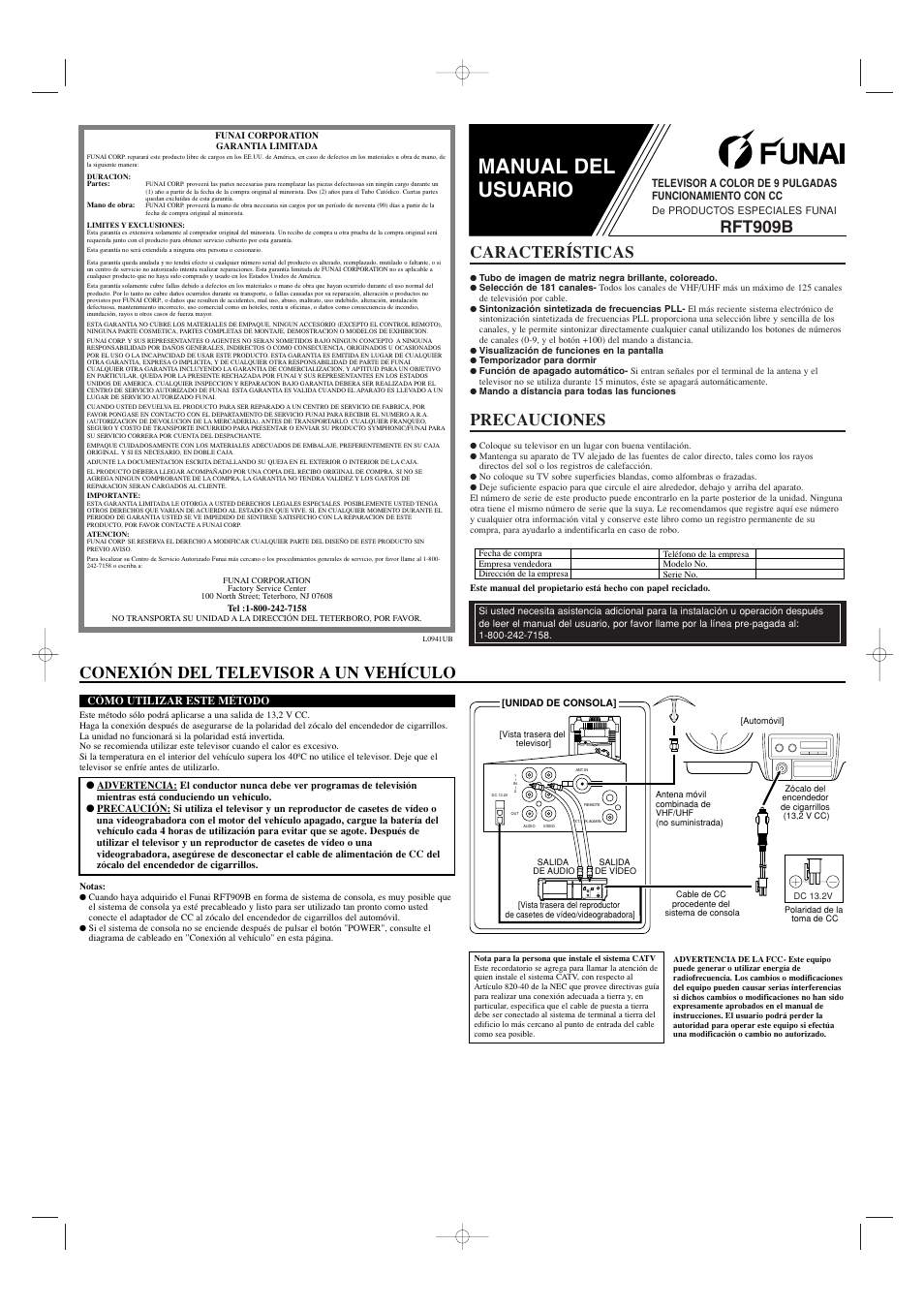 Manual del usuario, Precauciones, Características | Rft909b, Conexión del televisor a un vehículo | FUNAI RFT909B User Manual | Page 5 / 8