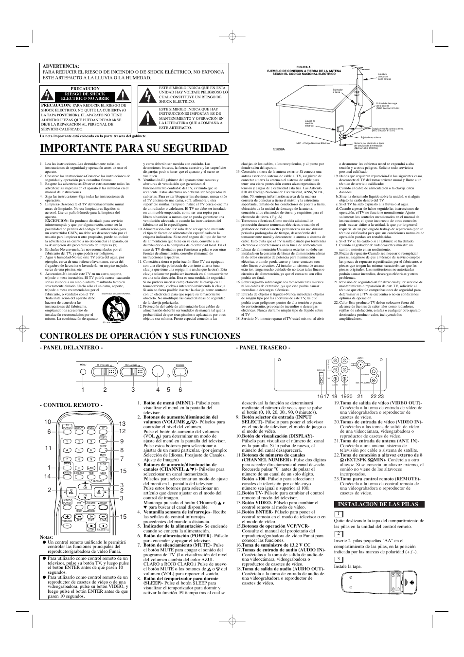 Importante para su seguridad, Controles de operación y sus funciones | FUNAI RFT909B User Manual | Page 6 / 8