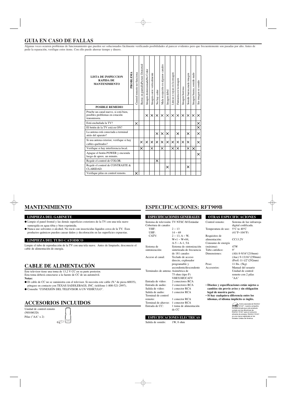 Especificaciones: rft909b guia en caso de fallas, Mantenimiento, Cable de alimentación | Accesorios incluidos | FUNAI RFT909B User Manual | Page 8 / 8
