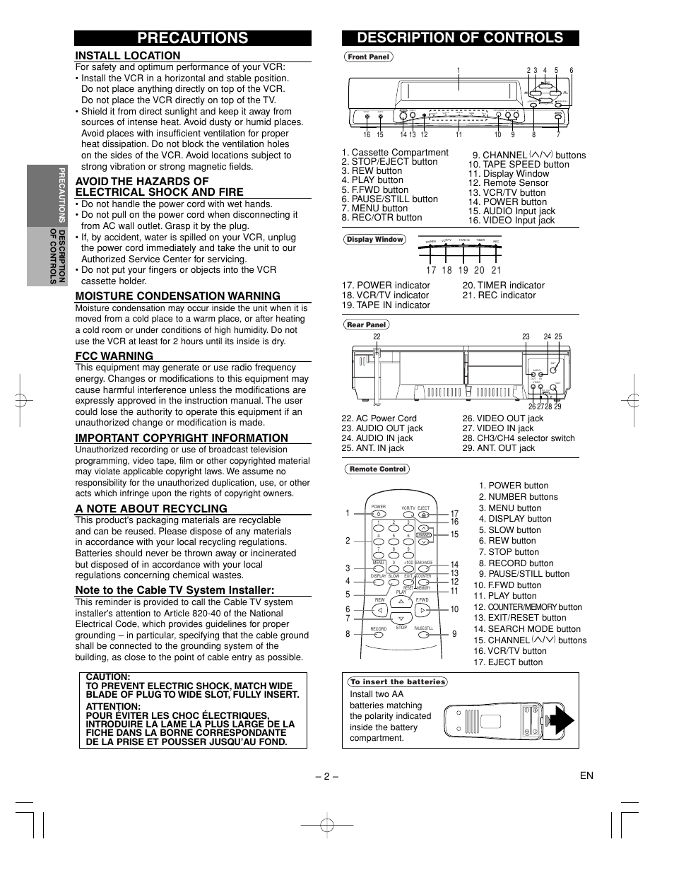 Precautions, Description of controls, Install location | Avoid the hazards of electrical shock and fire, Moisture condensation warning, Fcc warning, Important copyright information, 2 – en | FUNAI F240LC User Manual | Page 2 / 8