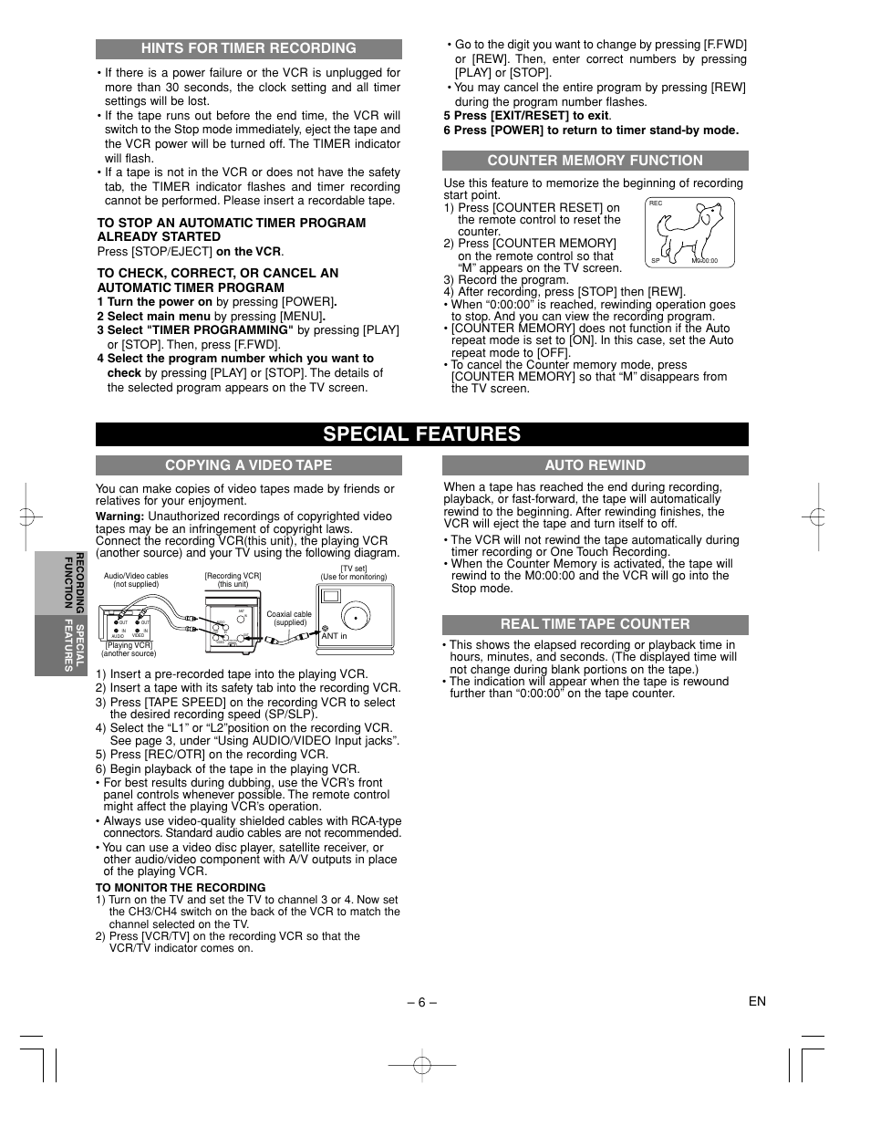 Special features, Copying a video tape, Hints for timer recording | Auto rewind, Real time tape counter | FUNAI F240LC User Manual | Page 6 / 8