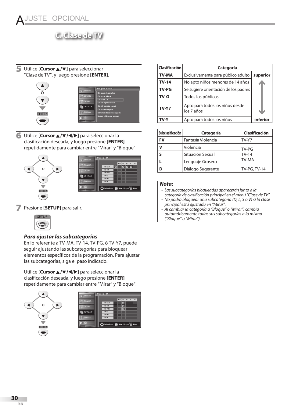 Juste opcional, C. clase de tv, Para ajustar las subcategorías | Nota, Presione [setup] para salir | FUNAI Emerson LD195EMX User Manual | Page 138 / 162
