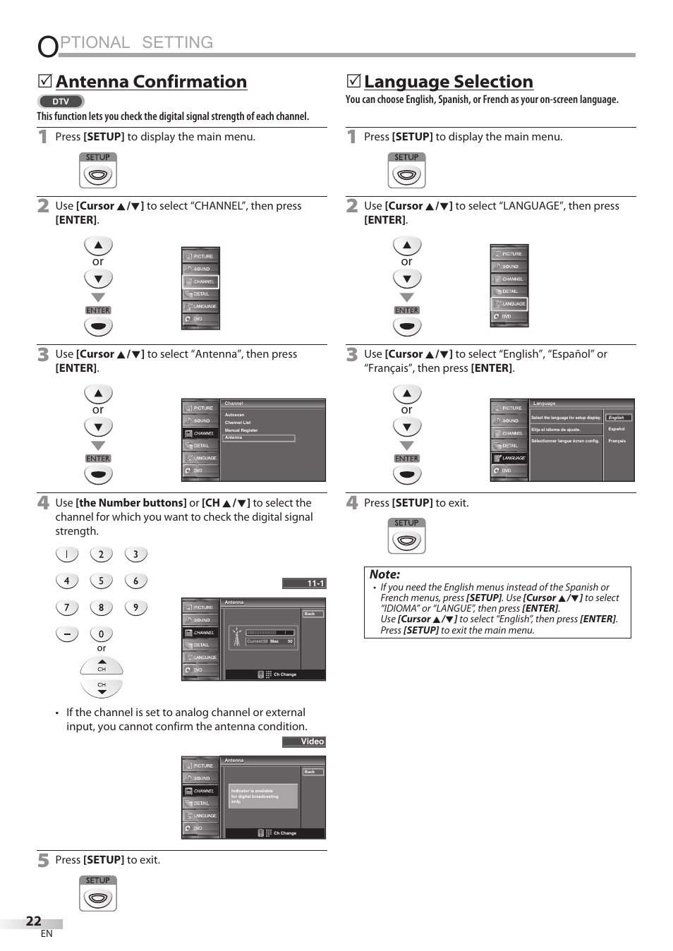 Ptional setting, Antenna confirmation, Language selection | FUNAI Emerson LD195EMX User Manual | Page 22 / 162