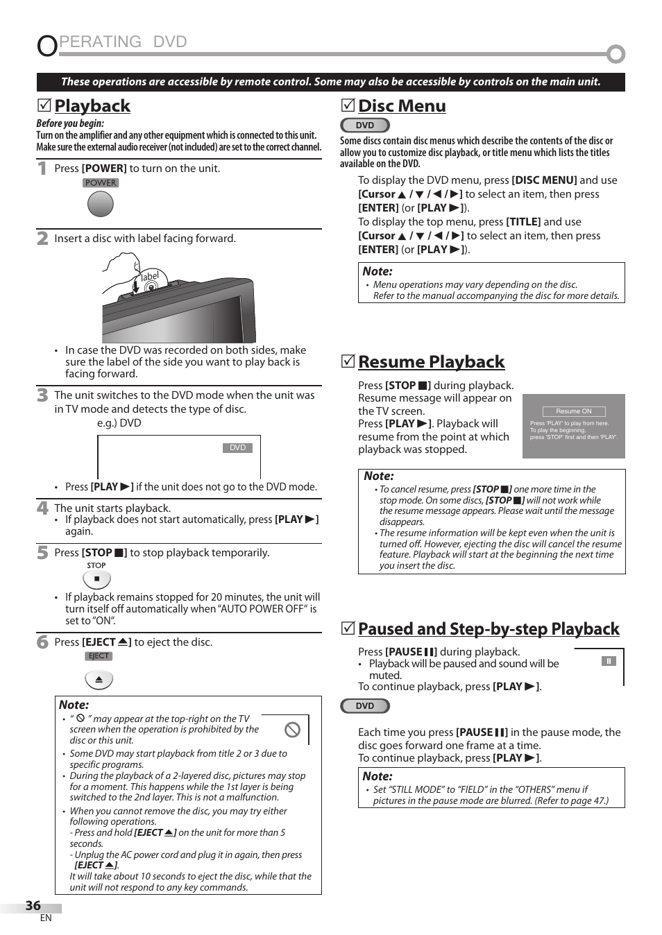 Perating dvd, Playback, Disc menu | Resume playback, Paused and step-by-step playback | FUNAI Emerson LD195EMX User Manual | Page 36 / 162