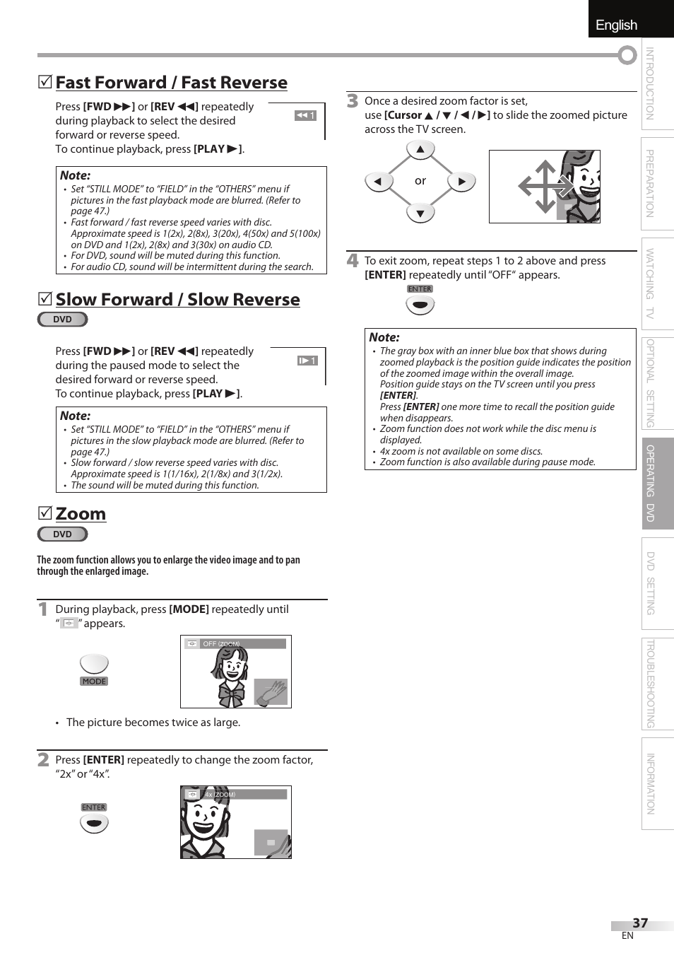 English español français, Fast forward / fast reverse, Slow forward / slow reverse | Zoom | FUNAI Emerson LD195EMX User Manual | Page 37 / 162