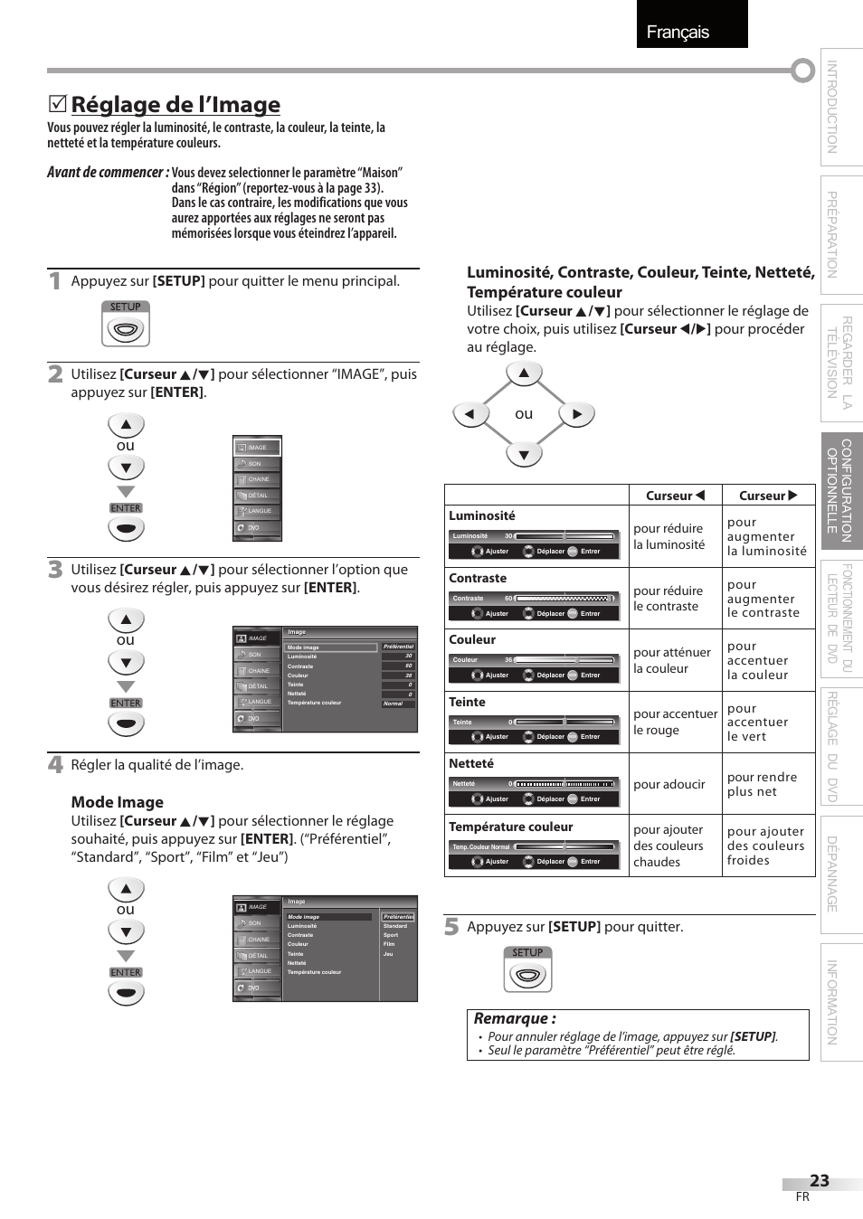 Français, Réglage de l’image, Avant de commencer | Mode image, Remarque, Appuyez sur [setup] pour quitter le menu principal, Régler la qualité de l’image, Appuyez sur [setup] pour quitter | FUNAI Emerson LD195EMX User Manual | Page 77 / 162