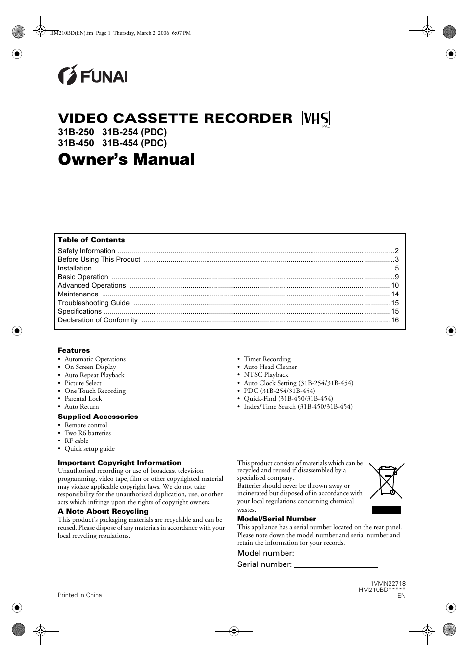 FUNAI VHS 31B-254 User Manual | 16 pages