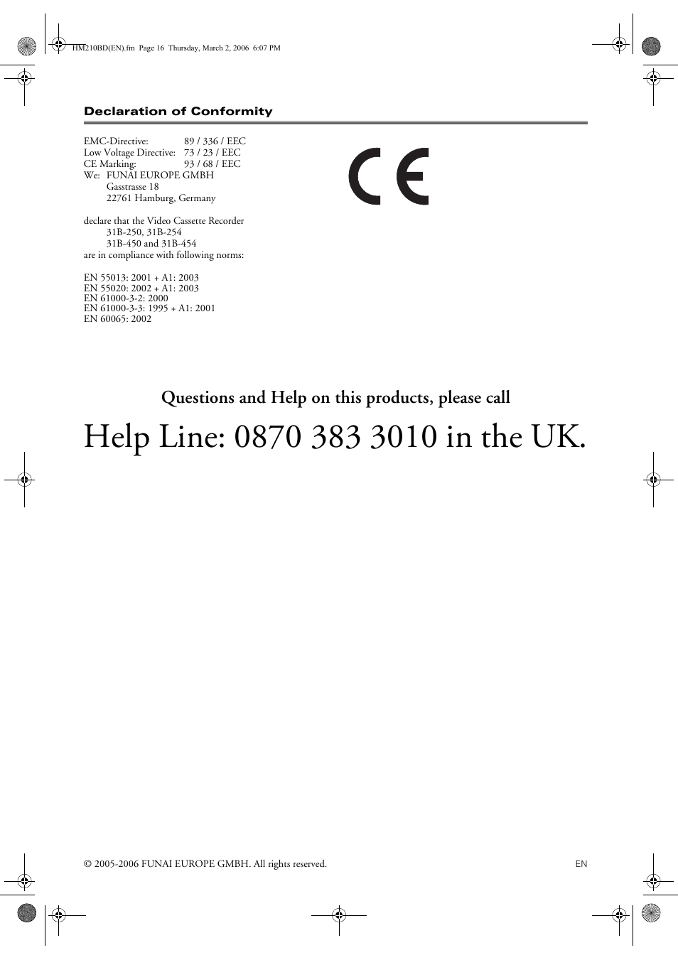 Questions and help on this products, please call | FUNAI VHS 31B-254 User Manual | Page 16 / 16