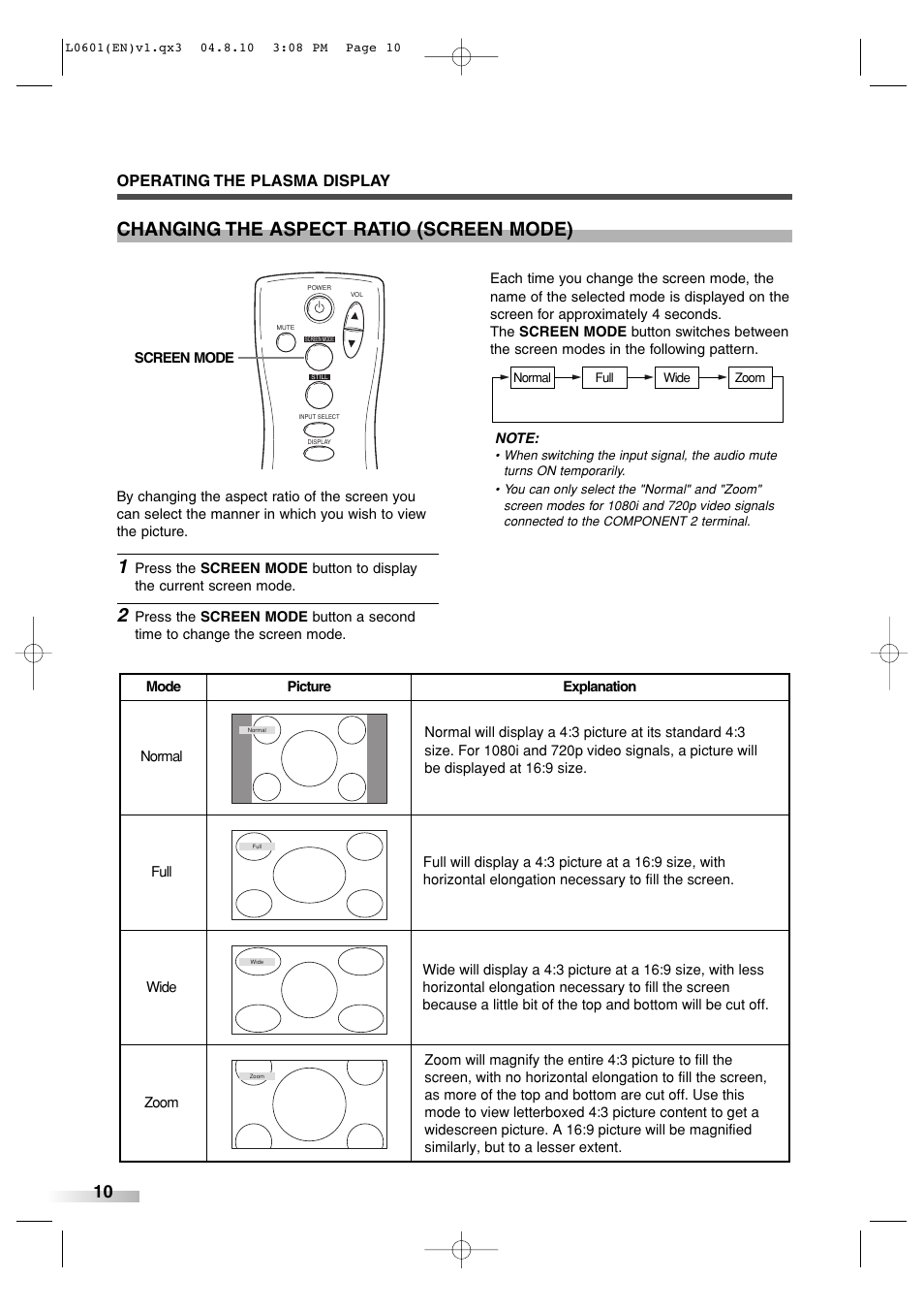 Changing the aspect ratio (screen mode), Operating the plasma display | FUNAI 6842PE User Manual | Page 10 / 28